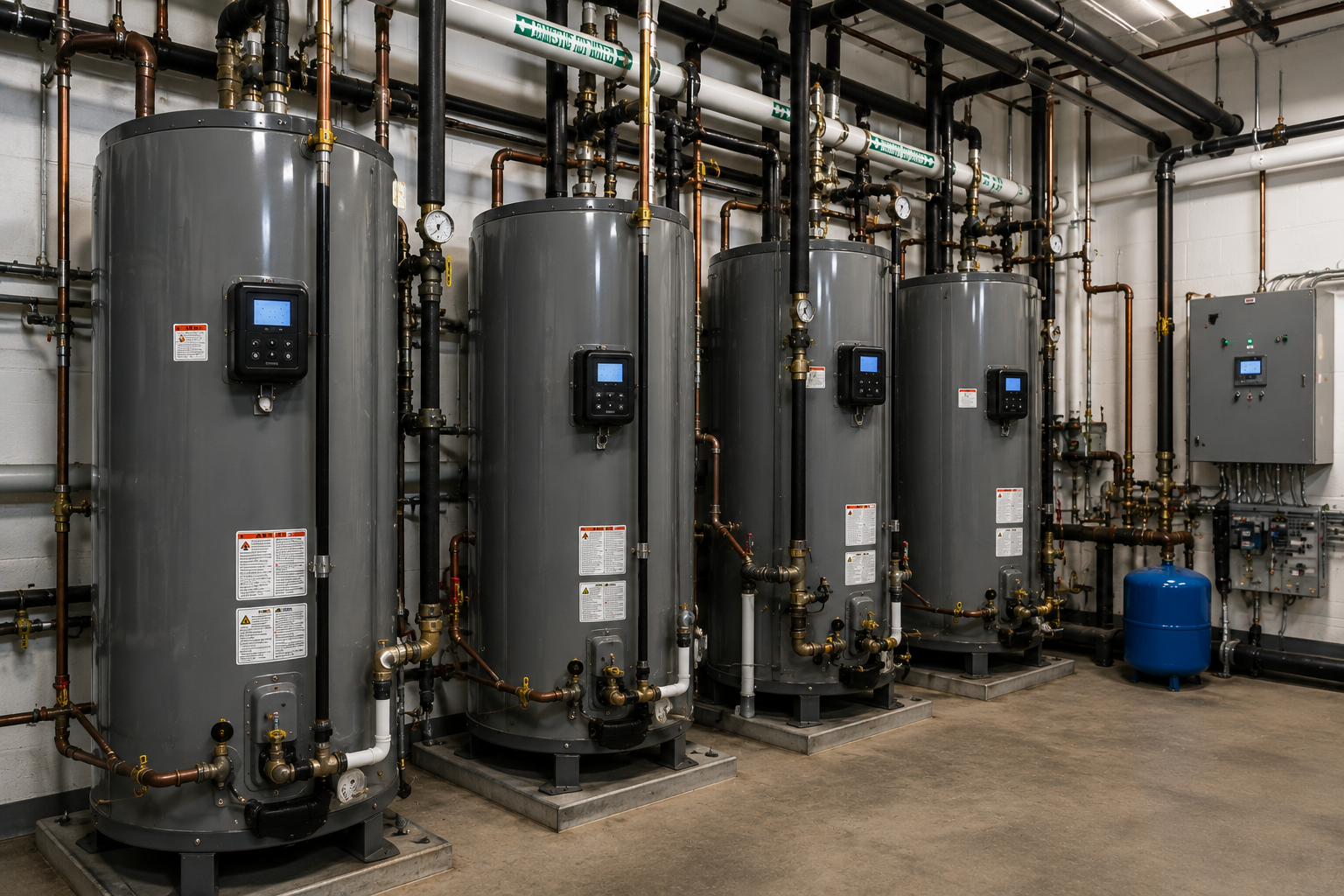 Multi-tank commercial water heater rack system serving a Cincinnati apartment building