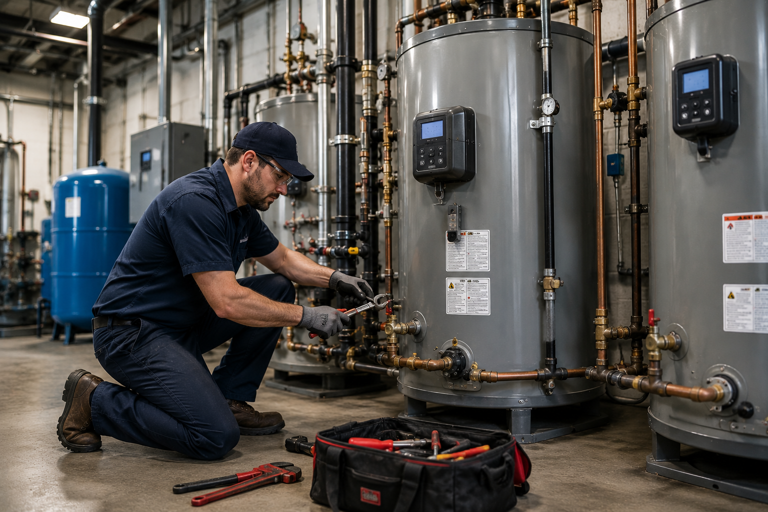 Technician servicing a commercial multi-tank water heater system in a Cincinnati business