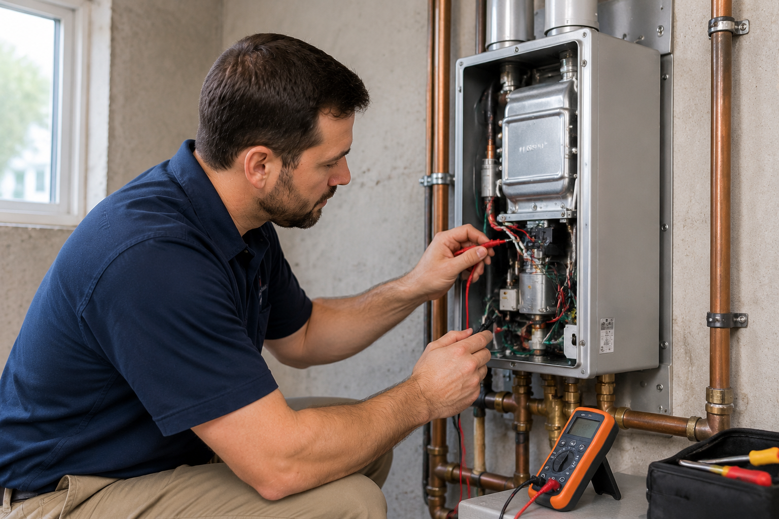 Technician connecting gas line and venting for a new tankless water heater in Cincinnati