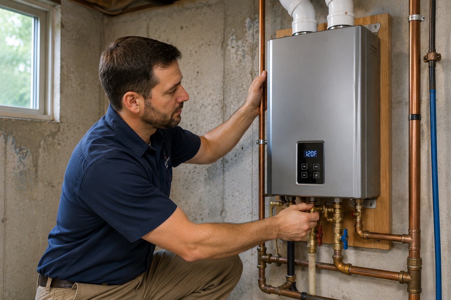 Tankless water heater mounted on a wall during installation in a Cincinnati home