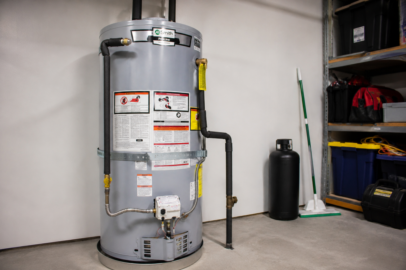 Older residential water heater tank in a home utility space