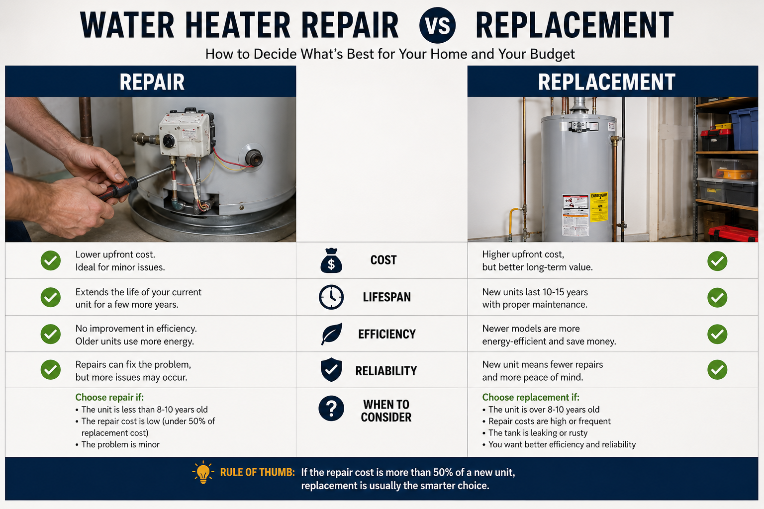 Technician comparing an old and new water heater during a home consultation