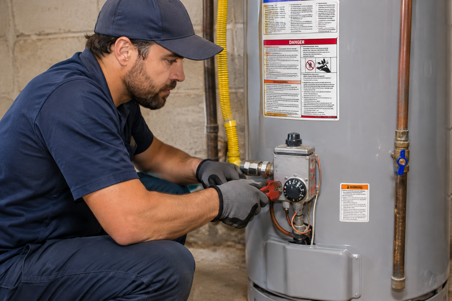 Cincinnati water heater technician completing a maintenance checklist with a homeowner