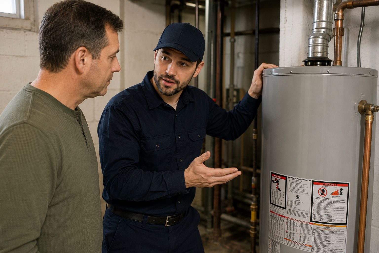 Cincinnati water heater technician explaining a repair to a homeowner